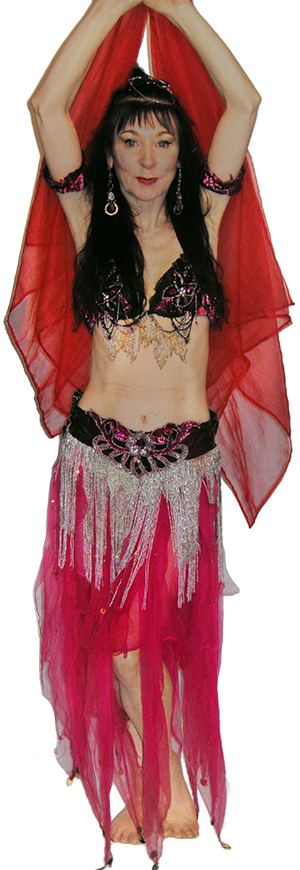 Maria D’Arcy in a belly dance outfit.